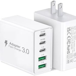 2Pack USB C Fast Charger Block,50W 5-Port USB C Wall Charger Brick,2 USB A & 3 USB C PD3.0 Power Adapter Multiport Type C Charging Plug for iPhone 16/15/14/13,Pad Mini/Pro,AirPods 4,GalaxyS23(White)