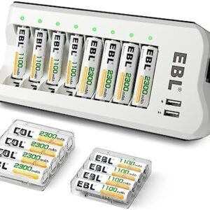 EBL AA 2300mAh (8 Pack) and AAA 1100mAh (8 Pack) Ni-MH Rechargeable Batteries and AA AAA Rechargeable Battery Charger with 2 USB Charging Ports